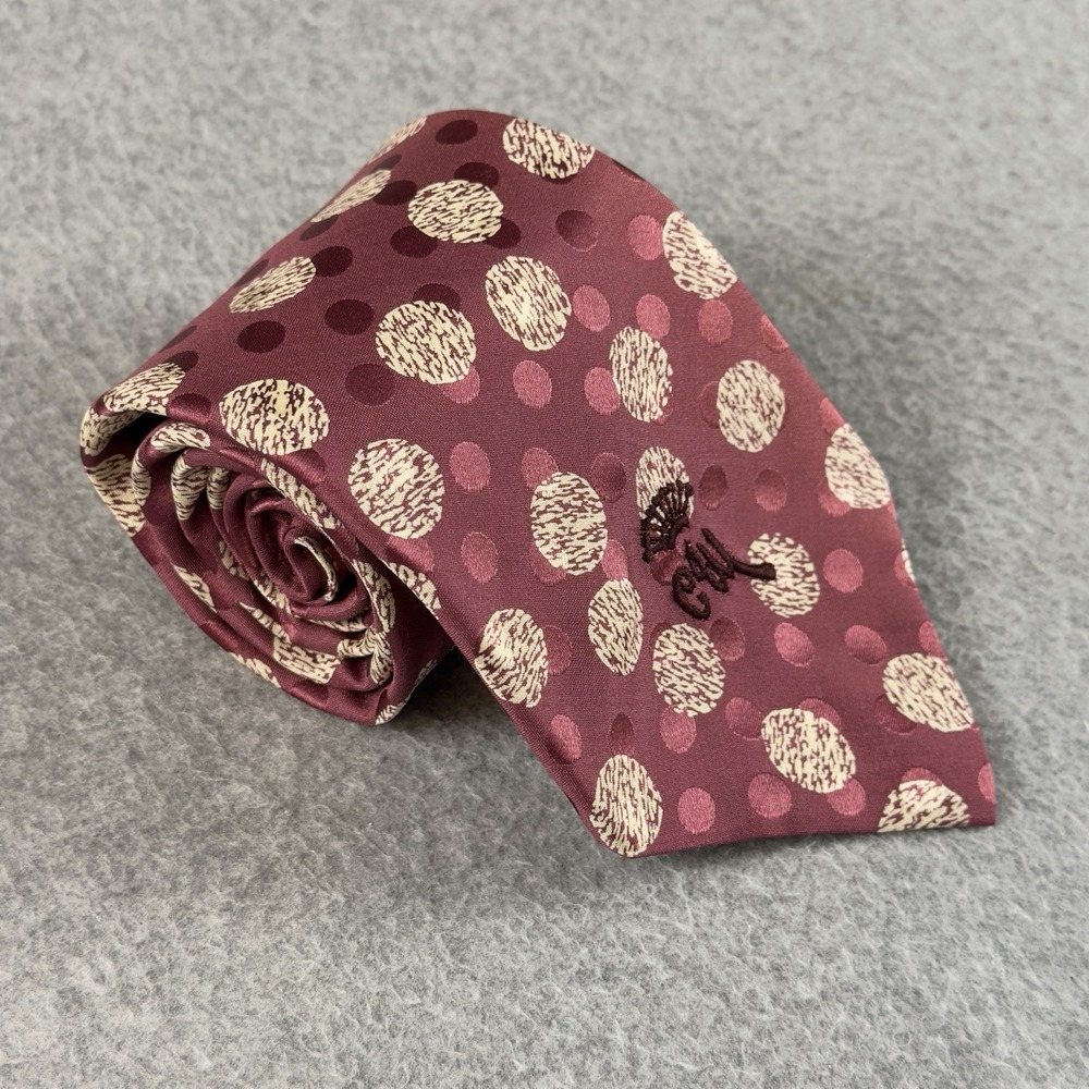 Vintage Countess Mara Tie Burgundy Polka Dot Embroidered Logo Necktie 55x3.4"